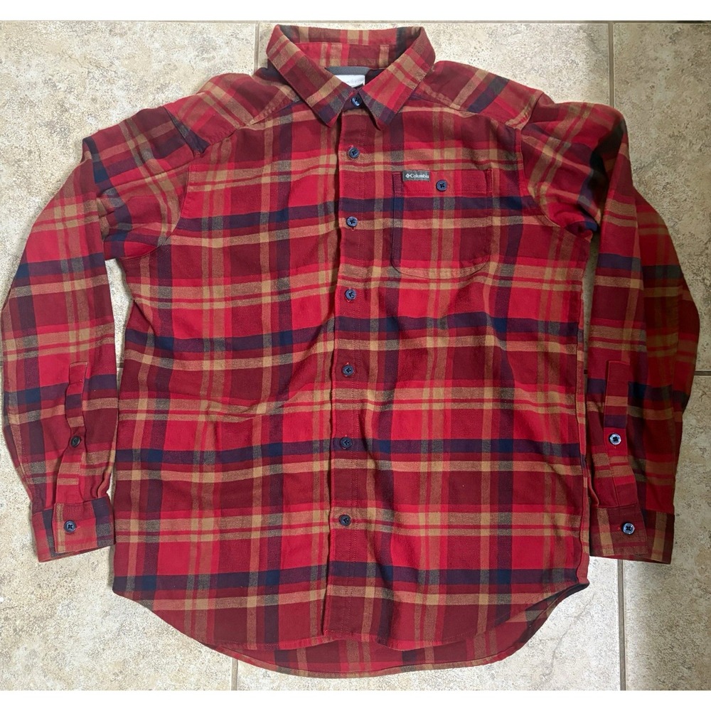 Columbia Men's Cotton Flannel Plaid Button-Up Shirt Pockets Red Blue Tan L